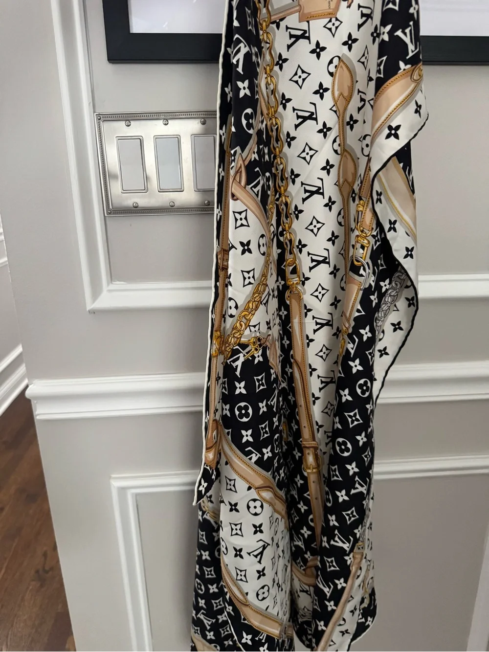 Authentic LV Black & White Monogram Silk Scarf with Gold Chain Motif